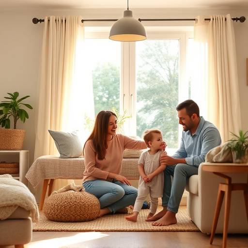 Photographie d'une famille souriante dans une maison bien isol&eacute;e et lumineuse