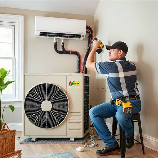 Technicien installant une nouvelle pompe &agrave; chaleur dans une maison