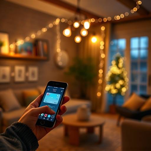 Une personne utilisant un smartphone pour contr&ocirc;ler des lumi&egrave;res connect&eacute;es