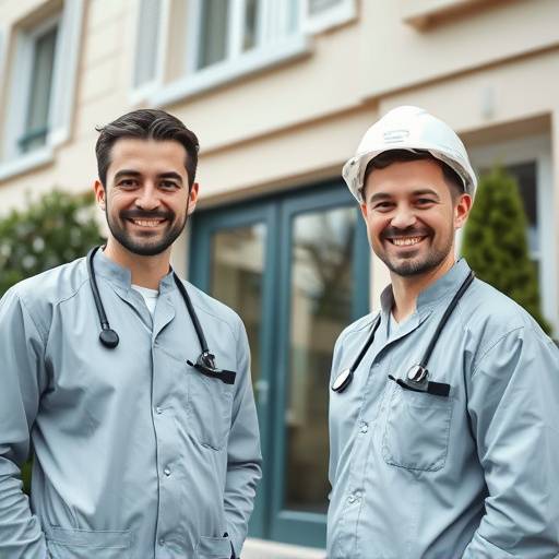 Vue de l'entreprise Home Comfort France avec des techniciens souriants devant un b&acirc;timent moderne.
